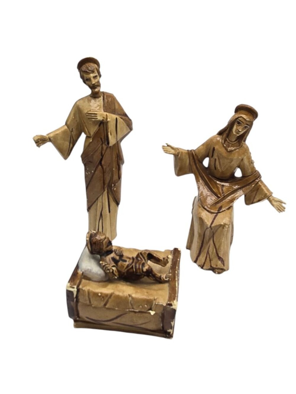 Vintage Nativity Scene Figurines Set Holy Family Rustic Brown Plastic Christmas